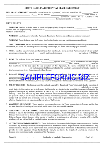 North Carolina Residential Lease Agreement Template pdf free